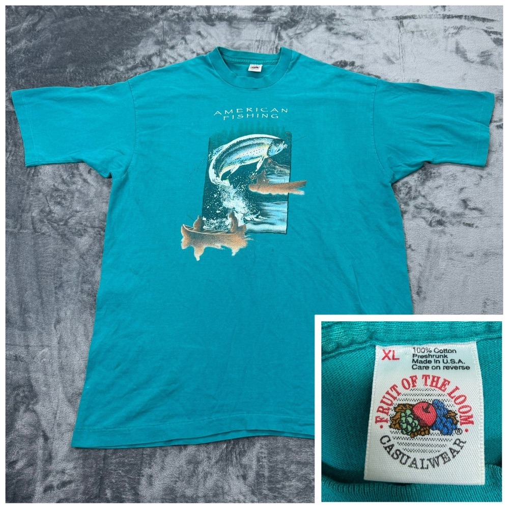 Vintage 90s Single Stitch American Fishing Fruit of the Loom T-Shirt XL Teal USA